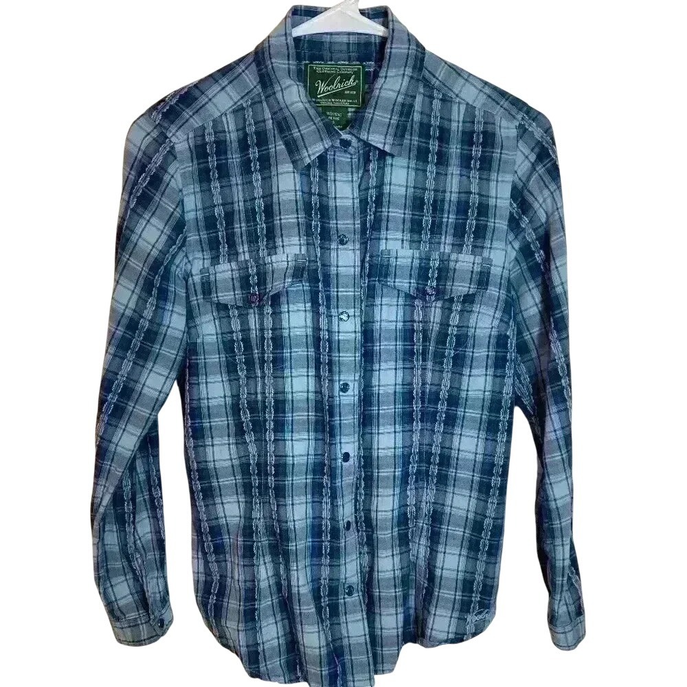 Woolrich Womens Petite‎ Small Blue Plaid Textured Embroidered Button Down Shirt